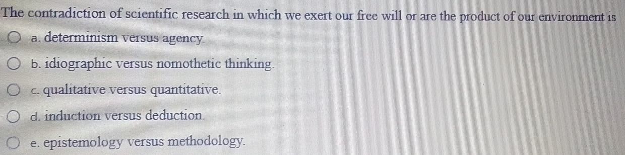 The contradiction of scientific research in which we exert our free will or are the product of our environment is
a. determinism versus agency.
b. idiographic versus nomothetic thinking.
c. qualitative versus quantitative.
d. induction versus deduction.
e. epistemology versus methodology.