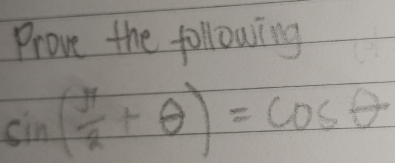 Prove the following
sin ( π /2 +θ )=cos θ