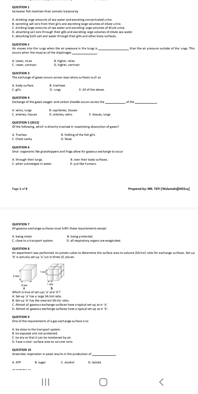 Saltwater fish maintain their osmotic balance by
A. drinking large amounts of sea water and excreting concentrated urine.
B. secreting salt ions from their gills and excreting large volumes of dilute urine.
C. drinking large amounts of sea water and excreting  arge volumes of dilute urine
D. absorbing salt ions through their gills and excreting large volumes of dilute sea water.
E. absorbing both salt and water through their gills and other body surfaces.
QUESTION 2
Air moves into the lungs when the air pressure in the lungs is  than the air pressure outside of the lungs. This
occurs when the muscles of the diaphragm
A. lower, relax B. higher, relax
C.  ower, contract D. higher, contract
QUESTION 3
The exchange of gases occurs across respiratory surfaces such as
A. body surface. B. tracheae.
C. gills D.lungs E. All of the above.
QUESTION 4
Exchange of the gases oxygen and carbon dioxide occurs across the of the
A. veins, lungs B. capillaries, tissues
C. arteries, tissues D. arteries, veins E. tissues, lungs
QUESTION 5 (2012)
Of the following, which is directly involved in maximizing absorption of gases?
A. Trachea B. Folding of the fish gills
C. Chest cavity D. Nose
QUESTION 6
Small organisms like grasshoppers and frogs allow for gaseous exchange to occur
A. through their lungs. B. over their body surfaces.
C. when submerged in water. D. just like humans.
Page 1 of 9 Prepared by: MR. TEPI [Walumah@ NSS24]
QUESTION 7
All gaseous exchange surfaces must fulfill these requirements except
A. being moist. B. being protected.
C. close to a transport system. D. all respiratory organs are evaginated.
QUESTION 8
An experiment was performed on potato cubes to determine the surface area to volume (SA:Vol) ratio for exchange surfaces. Set-up
‘b’ is actually set-up ‘a’ cut in three (3) places
1 mm
C. Almost all gaseous exchange surfaces have a typical set-up as in‘a’.
D. Almost all gaseous exchange surfaces have a typical set-up as in ‘b’.
A. be close to the transport system
C. be dry so that it can be moistened by air.
D. have a small surface area to volume ratio.
_
A. ATP B. sugar C. alcoho D. lactate
_