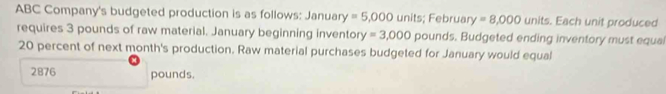 ABC Company's budgeted production is as follows: January =5,000 units; February =8,000 units. Each unit produced 
requires 3 pounds of raw material. January beginning inventory =3,000 pounds, Budgeted ending inventory must equal
20 percent of next month's production. Raw material purchases budgeted for January would equal
2876 pounds.