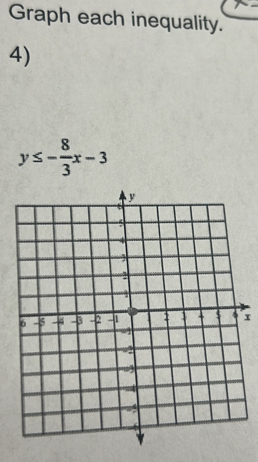 wedge 
Graph each inequality. 
4)
y≤ - 8/3 x-3