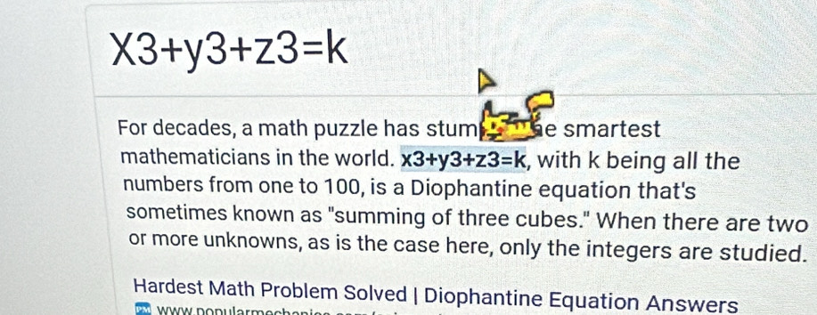 Solved: x3+y3+z3=k For decades, a math puzzle has stum e smartest