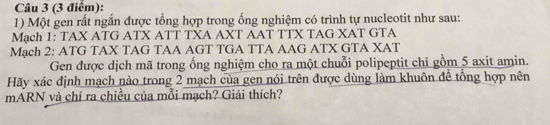 Một gen rất ngắn được tổng hợp trong ống nghiệm có trình tự nucleotit như sau: 
Mạch 1: TAX ATG ATX ATT TXA AXT AAT TTX TAG XAT GTA 
Mạch 2: ATG TAX TAG TAA AGT TGA TTA AAG ATX GTA XAT 
Gen được dịch mã trong ống nghiệm cho ra một chuỗi polipeptit chỉ gồm 5 axit amin. 
Hãy xác định mạch nào trong 2 mạch của gen nói trên được dùng làm khuôn để tổng hợp nên 
mARN và chỉ ra chiều của mỗi mạch? Giải thích?