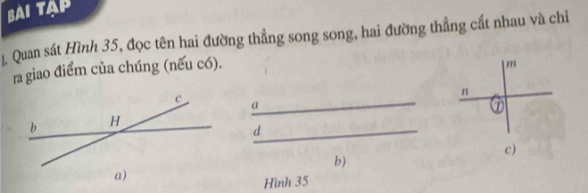 Bài tạp 
J. Quan sát Hình 35, đọc tên hai đường thẳng song song, hai đường thẳng cắt nhau và chỉ 
ra giao điểm của chúng (nếu có). 
_ 
a 
_d 
c) 
b) 
Hình 35