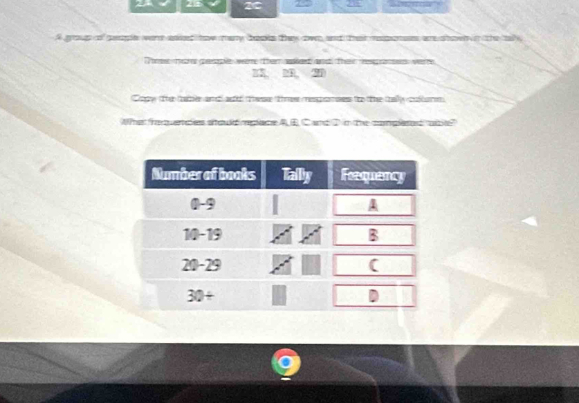 210 2
A group of peaple were aed ew many beoks tey awe and that repenes are show in the tal
d t Te re   vet
23、 24、 2
Capy the tbe and aof these the responses to the tay collurm
What frauancies soud rplene A B, C and D in the complesed be?