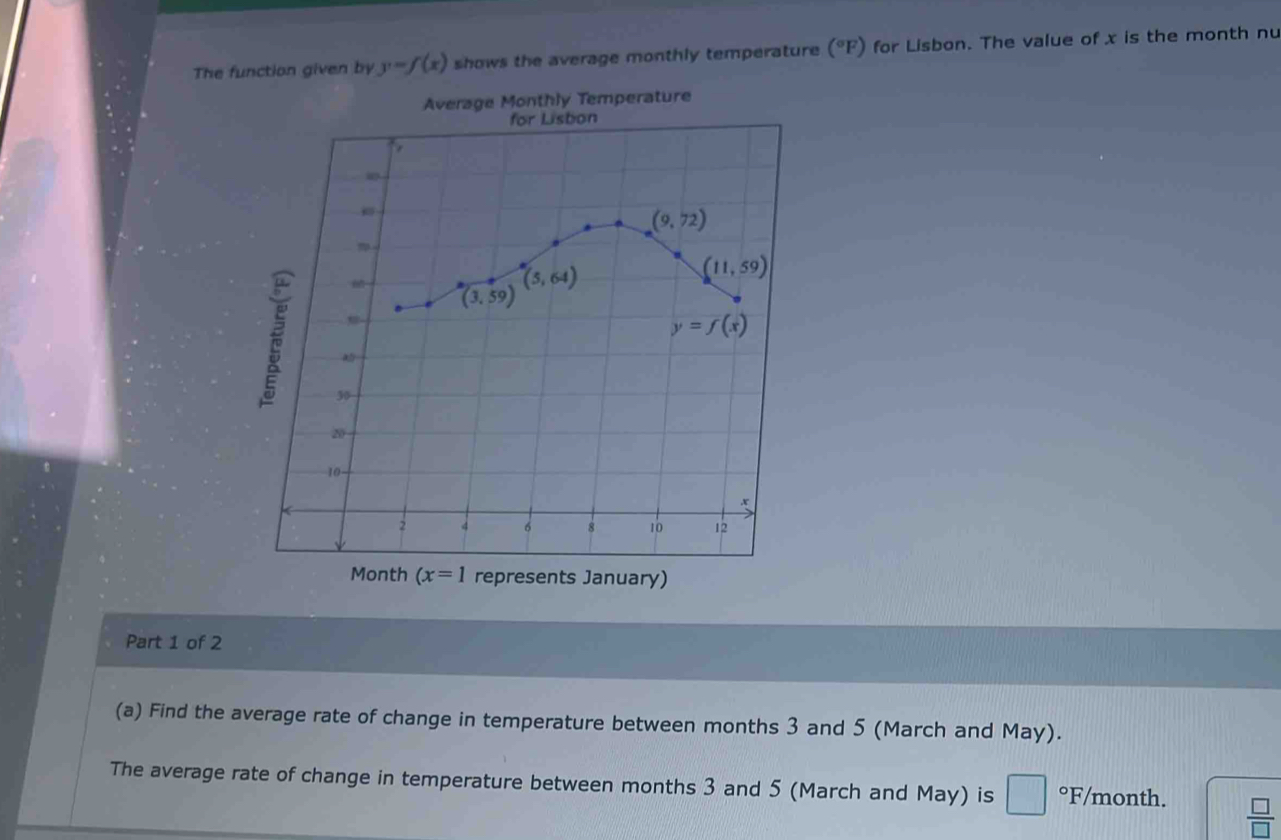 The function given by y=f(x) shows the average monthly temperature (°F) for Lisbon. The value of x is the month nu
Average Monthly Temperature
(x=1 represents January)
Part 1 of 2
(a) Find the average rate of change in temperature between months 3 and 5 (March and May).
The average rate of change in temperature between months 3 and 5 (March and May) is □°F /month.  □ /□  