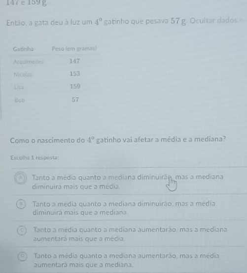 147 e 159 g
Então, a gata deu à luz um 4^0 gatinho que pesava 57 g. Ocultar dados ~
Como o nascimento do 4^0 gatinho vai afetar a média e a mediana?
Escolha 1 resposta
Tanto a média quanto a mediana diminuirão, mas a mediana
diminuirá mais que a média.
Tanto a média quanto a mediana diminuirão, mas a média
diminuirá mais que a mediana.
Tanto a média quanto a mediana aumentarão. mas a mediana
aumentará mais que a média
Tanto a média quanto a mediana aumentarão, mas a média
aumentará mais que a mediana.