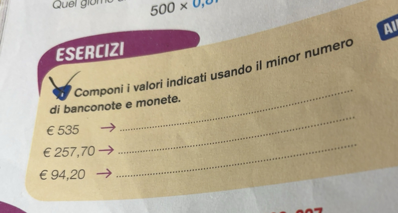 Risolto:Quel giomt 500* 0,0 All ESERCIZI _ Componi i valori indicati ...