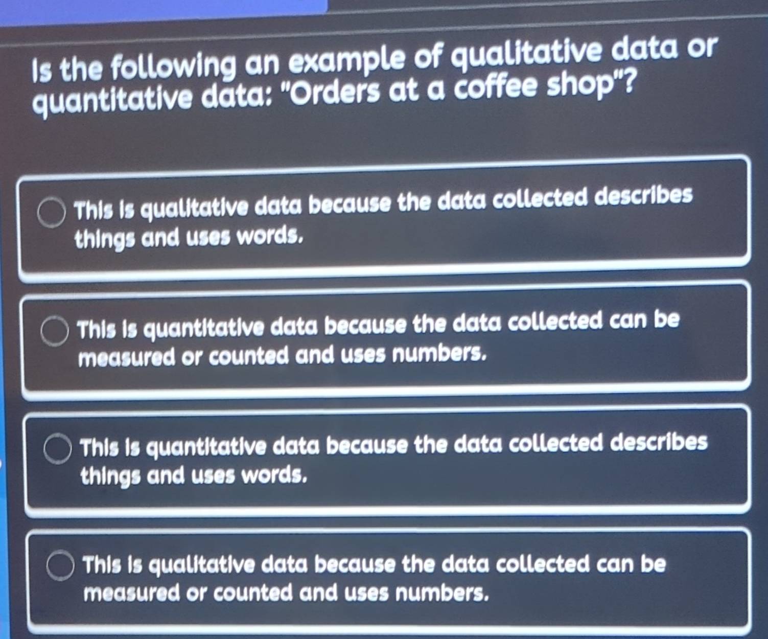 Solved: Is the following an example of qualitative data or quantitative ...