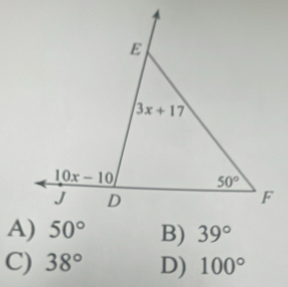 B) 39°
C) 38° 100°
D)