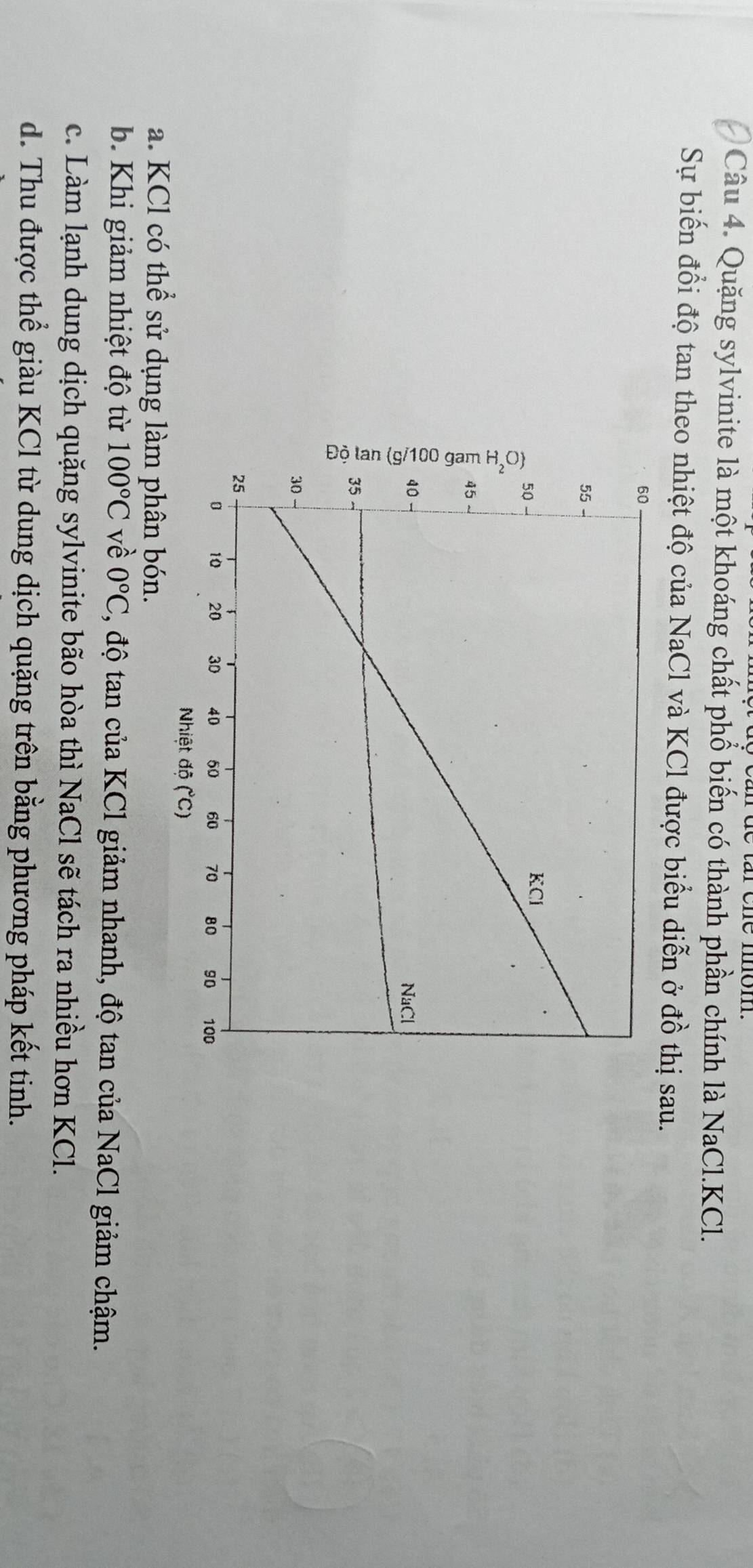 Quặng sylvinite là một khoáng chất phổ biến có thành phần chính là NaCl.KCl.
Sự biến đổi độ tan theo nhiệt độ của NaCl và KCl được biểu diễn ở đồ thị sau.
a. KCl có thể sử dụng làm phân bón.
b. Khi giảm nhiệt độ từ 100°C về 0°C 2, độ tan của KCl giảm nhanh, độ tan của NaCl giảm chậm.
c. Làm lạnh dung dịch quặng sylvinite bão hòa thì NaCl sẽ tách ra nhiều hơn KCl.
d. Thu được thể giàu KCl từ dung dịch quặng trên bằng phương pháp kết tinh.