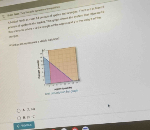 Two-Variable Systerns of Inequalities
A basket holds at most 14 pounds of apples and oranges. There are at least 3
pounds of apples in the basket. This graph shows the systern that represents
this scenario, where xis the weight of the apples and y is the weight of the
oranges.
Which point represents a viable solution?
T
A. (1,14)
B. (3,-2)
PREVIOUS