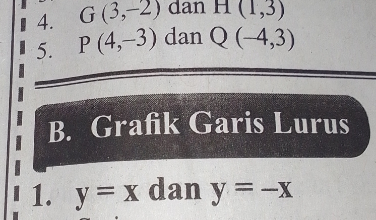 G(3,-2) dan H(1,3)
5. P(4,-3) dan Q(-4,3)
B. Grafik Garis Lurus 
1. y=x dan y=-x