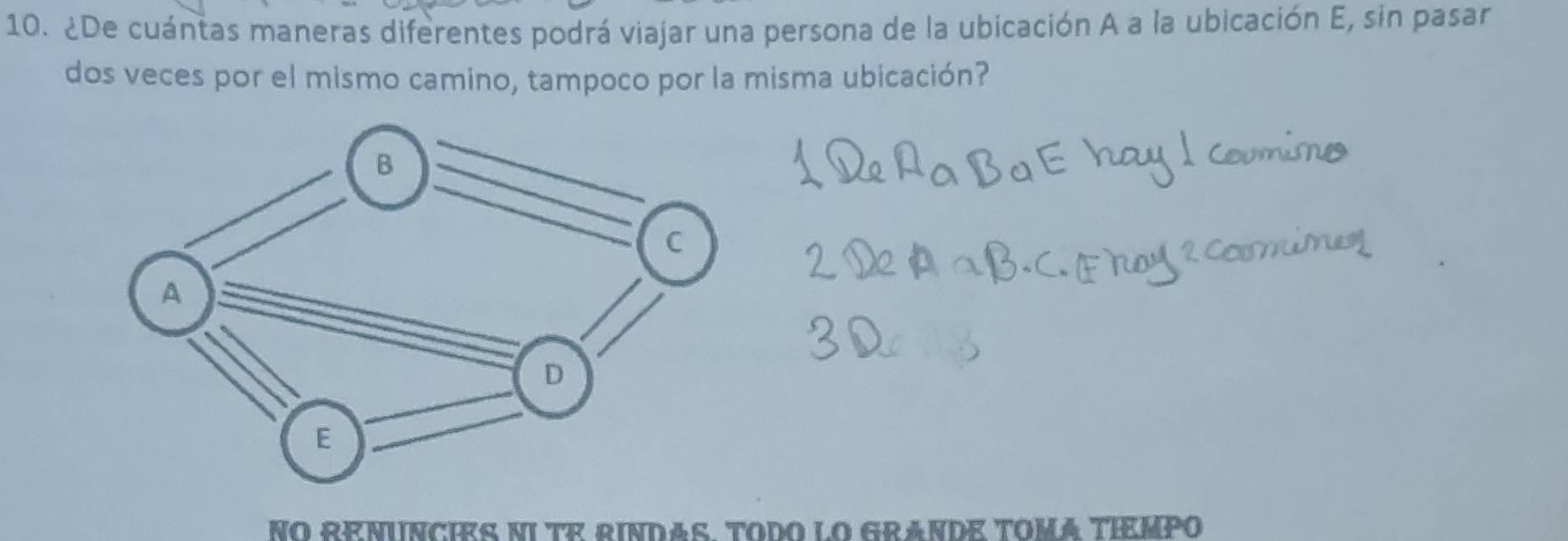 ¿De cuántas maneras diferentes podrá viajar una persona de la ubicación A a la ubicación E, sin pasar 
dos veces por el mismo camino, tampoco por la misma ubicación? 
C a 
NO RENUNCIES NI TE RINDAS. TODO LO GRANDE TOMA TΙEMΡO