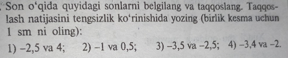 Son o‘qida quyidagi sonlarni belgilang va taqqoslang. Taqqos-
lash natijasini tengsizlik ko‘rinishida yozing (birlik kesma uchun
1 sm ni oling):
1) -2,5 va 4; 2) −1 va 0,5; 3) -3,5 va -2, 5; 4) -3, 4 va -2.