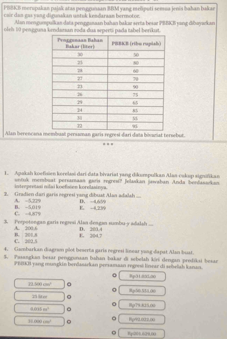 PBBKB merupakan pajak atas penggunaan BBM yang meliputi semua jenis bahan bakar
cair dan gas yang digunakan untuk kendaraan bermotor.
Alan mengumpulkan data penggunaan bahan bakar serta besar PBBKB yang dibayarkan
oleh 10 pengguna kendaraan roda dua seperti pada tabel berikut.
Alan berencana membuat persaman garis regresi dari data bivariat tersebut.
1. Apakah koefisien korelasi dari data bivariat yang dikumpulkan Alan cukup signifikan
untuk membuat persamaan garis regresi? Jelaskan jawaban Anda berdasarkan
interpretasi nilai koefisien korelasinya.
2. Gradien dari garis regresi yang dibuat Alan adalah ....
A. -5,229 D. ~4,659
B. -5,019 E. -4,239
C. -4,879
3. Perpotongan garis regresi Alan dengan sumbu- y adalah ....
A. 200,6 D. 203,4
B. 201,8 E. 204,7
C. 202,5
4. Gambarkan diagram plot beserta garis regresi linear yang dapat Alan buat.
5. Pasangkan besar penggunaan bahan bakar di sebelah kiri dengan prediksi besar
PBBKB yang mungkin berdasarkan persamaan regresi linear di sebelah kanan.
。 Rp31.035,00
22.500cm^3 。
Rp50.551.00
25 liter 。
Rp79.825,00
0.035m^2 。
31,000cm^3 。
。 Rp92.022.00
。 Hp201. 629.00