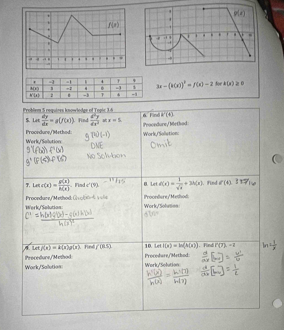 3x-(k(x))^2=f(x)-2 for k(x)≥ 0
Problem 5 requires knowledge of Topic 3.6
5. Let  dy/dx =g(f(x)).Find  d^2y/dx^2  at x=5. 6. Find k'(4),
Procedure/Method:
Procedure/Method:
Work/Solution:
Work/Solution:
7. Let c(x)= g(x)/h(x)  、 Find c'(9). 8. Let d(x)= 1/sqrt(x) +3h(x) , Find d'(4)
Procedure/Method: Procedure/Method:
Work/Solution: Work/Solution:
9. Let j(x)=k(x)g(x). Find j'(8.5). 10. Let l(x)=ln (h(x)). Find l'(7).-2
Procedure/Method: Procedure/Method:
Work/Solution: Work/Solution: