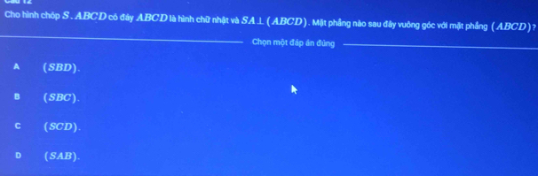 Cho hình chóp S. ABCD có đây ABCD là hình chữ nhật và SA⊥ (ABCD). Mặt phầng nào sau đây vuông góc với mặt phầng (ABCD)?
_
Chọn một đáp án đúng_
A (SBD).
B (SBC).
C (SCD).
D (SAB).