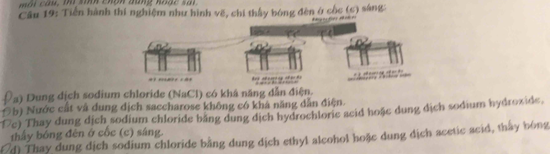 môi câu, tị sinh chôn dung hoặc sat 
Câu 19: Tiền hành thí nghiệm như hình vẽ, chi thấy bóng đèn ở cốc (c) sáng: 

Ta) Dung dịch sodium chloride (NaCl) có khả năng dẫn điện. 
Ob) Nước cất và dung dịch saccharose không có khả năng dẫn điện. 
Cc) Thay dung dịch sodium chloride bằng dung dịch hydrochlorie acid hoặc dung dịch sodium hydroxide, 
thấy bóng đèn ở cốc (c) sáng. 
d) Thay dung dịch sodium chloride bằng dung dịch ethyl alcohol hoặc dung dịch acetic acid, thấy bóng