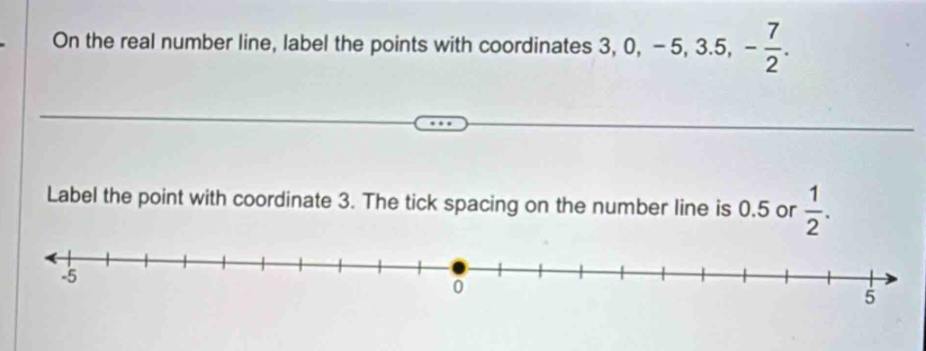 On the real number line, label the points with coordinates 3, 0, -5, 3.5, - 7/2 . 
Label the point with coordinate 3. The tick spacing on the number line is 0.5 or  1/2 .