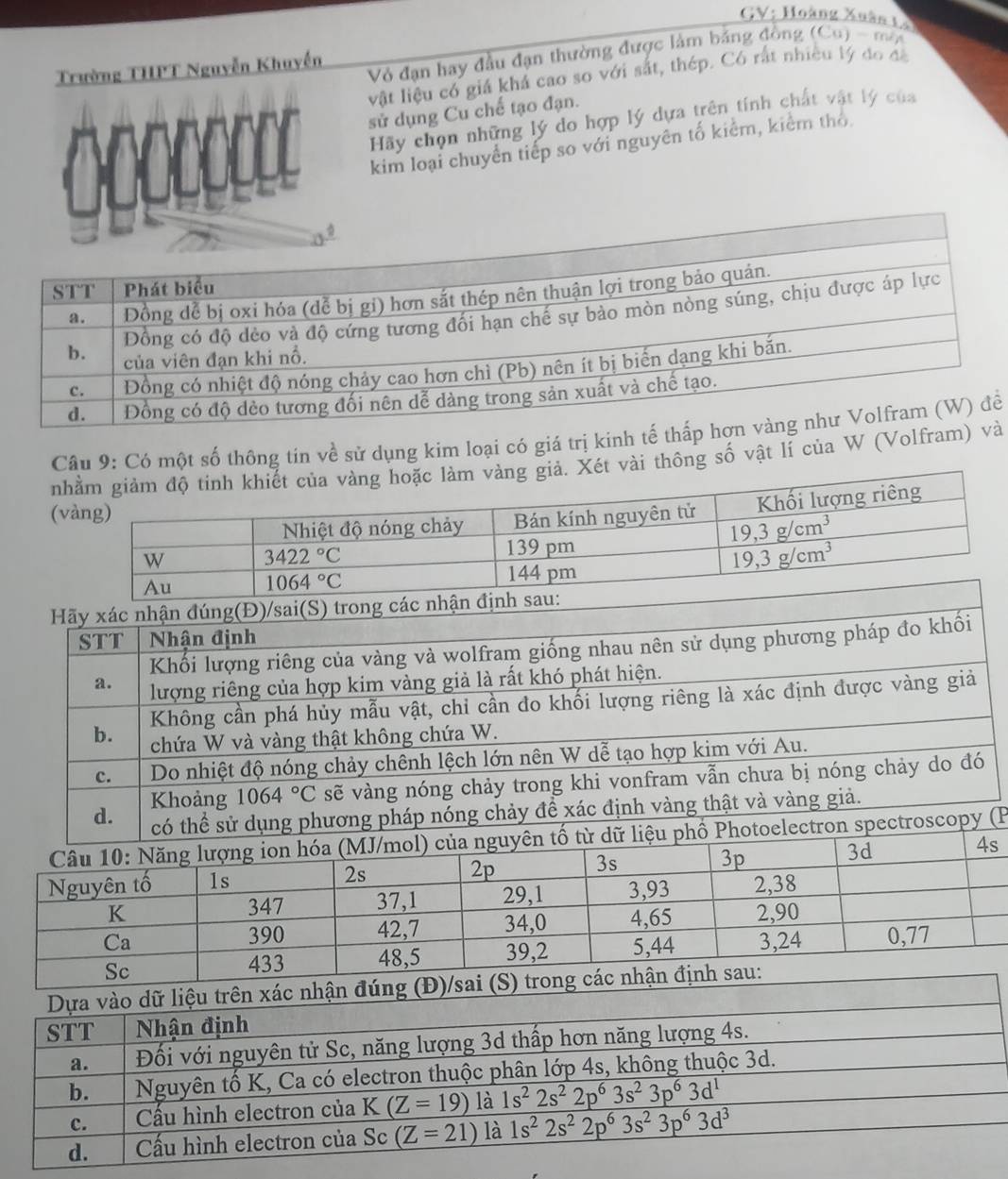 GV; Hoàng Xuân 14
Vỏ đạn hay đầu đạn thường được làm bảng đồng (Cu) - mộ
Trường THPT Nguyễn Khuyến
vật liệu có giá khả cao so với sắt, thép. Có rất nhiều lý đo đã
sử dụng Cu chế tạo đạn.
Hãy chọn những lý do hợp lý dựa trên tính chất vật lý của
kim loại chuyển tiếp so với nguyên tố kiểm, kiểm thổ
Câu 9: Có một số thông tin về sử dụng kim loại có giá trị kinh tế ể
hoặc làm vàng giả. Xét vài thông số vật lí của W (Volfraà
(P
