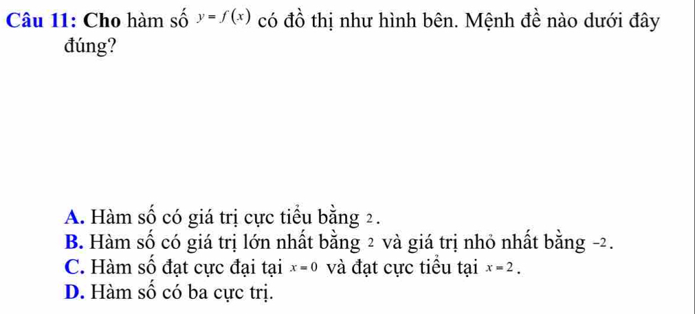 Cho hàm số y=f(x) có đồ thị như hình bên. Mệnh đề nào dưới đây
đúng?
A. Hàm số có giá trị cực tiểu bằng 2.
B. Hàm số có giá trị lớn nhất bằng 2 và giá trị nhỏ nhất bằng -2.
C. Hàm số đạt cực đại tại x=0 và đạt cực tiểu tại x=2.
D. Hàm số có ba cực trị.