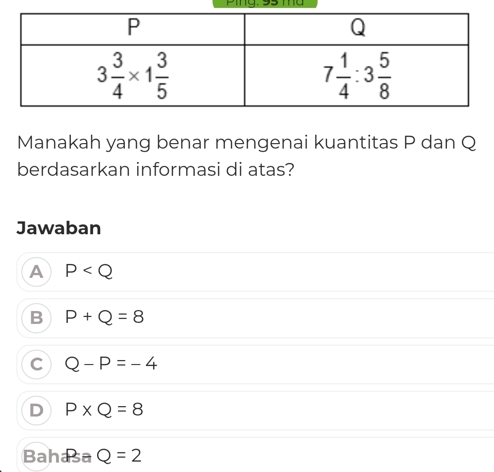 Ping: 95 ma
Manakah yang benar mengenai kuantitas P dan Q
berdasarkan informasi di atas?
Jawaban
A P
B P+Q=8
C Q-P=-4
D P* Q=8
Bahasa Q=2