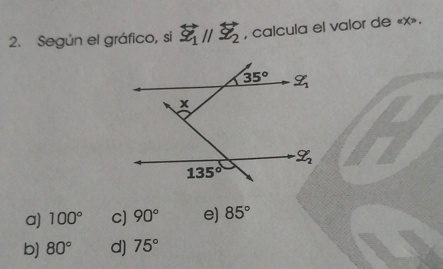 Según el gráfico, si overleftrightarrow z_1parallel overleftrightarrow z_2 , calcula el valor de «x».
a) 100° C) 90°
e) 85°
b) 80° d) 75°