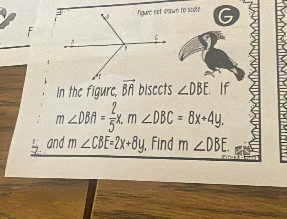 C
F 
In the figure, vector BA bisects ∠ DBE. If
a
a
m∠ DBA= 2/5 x, m∠ DBC=8x+4y, 
and m∠ CBE=2x+8y , Find m∠ DBE.