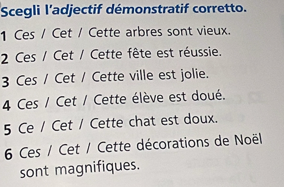 Scegli l’adjectif démonstratif corretto. 
1 Ces / Cet / Cette arbres sont vieux. 
2 Ces / Cet / Cette fête est réussie. 
3 Ces / Cet / Cette ville est jolie. 
4 Ces / Cet / Cette élève est doué. 
5 Ce / Cet / Cette chat est doux. 
6 Ces / Cet / Cette décorations de Noël 
sont magnifiques.