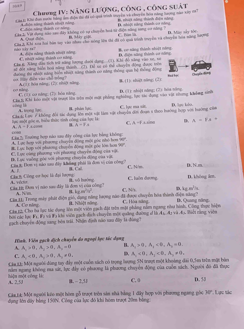 10A9
Chương IV: NăNG LƯợNG, CÔNG , CÔNG SUÁT
Câu L: Khi dun nước bằng ấm điện thì đã có quá trình truyền và chuyển hóa năng lượng nào xảy ra?
A.diện năng thành nhiệt năng. B nhiệt năng thành điện năng.
C.diện năng thành cơ năng. D. nhiệt năng thành cơ năng.
Câu 2: Vật dụng nào sau đây không có sự chuyển hoá tử điện năng sang cơ năng ?
A. Quạt điện. B. Máy giặt. C. Bàn là. D. Máy sấy tóc.
Câu 3: Khi xoa hai bàn tay vào nhau cho nóng lên thì đã có quá trình truyền và chuyển hóa năng lượng
nào xảy ra?
A. điện năng thành nhiệt năng. B. cơ năng thành nhiệt năng.
C. nhiệt năng thành cơ năng. D. điện năng thành cơ năng.
Câu 4: Xăng dầu tích trữ năng lượng dưới dạng..(1). Khi đồ xăng vào xe, xe
sẽ đốt xăng biến hoá năng thành...(2). Đề xe có thể chuyển động được trên
đường thì nhiệt năng biến nhiệt năng thành cơ năng thông qua hệ thống động
cơ. Hãy diễn vào chỗ trống? Hoá học Chuyển động
A.(1): hóa năng; (2): nhiệt năng. B. (1): nhiệt năng; (2):
cơ năng.
C. (1): cơ năng; (2): hóa năng. D. (1): nhiệt năng; (2): hóa năng.
Câu 5: Khi kéo một vật trượt lên trên một mặt phẳng nghiêng, lực tác dụng vào vật nhưng không sinh
công là D. lực kéo.
A. trọng lực. B. phản lực. C. lực ma sát.
Câu 6: Lực F không đổi tác dụng lên một vật làm vật chuyển dời đoạn s theo hướng hợp với hướng của
lực một góc α, biểu thức tính công của lực là:
A. A=F.s.cosa B. A=F.S C. A=F.s.sinα D. A=F.s+
cosα
Câu 7: Trường hợp nào sau đây công của lực bằng không:
A. Lực hợp với phương chuyển động một góc nhỏ hơn 90°.
B. Lực hợp với phương chuyển động một góc lớn hơn 90°.
C. Lực cùng phương với phương chuyển động của vật.
D. Lực vuông góc với phương chuyển động của vật.
Câu 8: Đơn vị nào sau dây không phải là đơn vị của công?
A. J. B. Cal. C. N/m. D. N.m.
Câu 9: Công cơ học là đại lượng: C. luôn dương. D. không âm.
A. vécto. B. vô hướng.
Câu 10: Đơn vị nào sau đây là đơn vị của công?
A. N/m. B. kg.m^2/s^2. C. N/s. D. kg.m^2/s.
Câu 11: Trong máy phát điện gió, dạng năng lượng nào đã được chuyển hóa thành điện năng?
A. Cơ năng. B. Nhiệt năng.
C. Hóa năng. D. Quang năng.
Câu 12: Cho ba lực tác dụng lên một viên gạch đặt trên mặt phẳng nằm ngang như hình. Công thực hiện
bởi các lực F_1,F_2 và F_3 khi viên gạch dịch chuyển một quãng đường đ là A_1,A_2 và A_3 Biết rằng viên
gạch chuyển động sang bên trái. Nhận định nào sau đây là đúng?
Hình. Viên gạch dịch chuyển do ngoại lực tác dụng
A. A_1>0,A_2>0,A_3=0
B. A_1>0,A_2<0,A_3=0.
C. A_1<0,A_2>0,A_3!= 0.
D. A_1<0,A_2<0,A_3!= 0.
Câu 13: Một người dùng tay đẩy một cuốn sách có trọng lượng 5N trượt một khoảng dài 0,5m trên mặt bàn
nằm ngang không ma sát, lực đầy có phương là phương chuyển động của cuốn sách. Người đó đã thực
hiện một công là:
A. 2,5J B. - 2,5J C. 0 D. 5J
Câ 14: Một người kéo một hòm gỗ trượt trên sàn nhà bằng 1 dây hợp với phương ngang góc 30°. Lực tác
dụng lên dây bằng 150N. Công của lực đó khi hòm trượt 20m bằng: