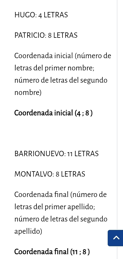 HUGO: 4 LETRAS 
PATRICIO: 8 LETRAS 
Coordenada inicial (número de 
letras del primer nombre; 
número de letras del segundo 
nombre) 
Coordenada inicial (4;8)
BARRIONUEVO: 11 LETRAS 
MONTALVO: 8 LETRAS 
Coordenada final (número de 
letras del primer apellido; 
número de letras del segundo 
apellido) 
Coordenada final (11;8)