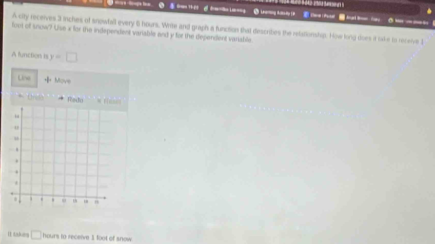 elmy a « Guogie heas Goam 1940 Ca tn L e =ng Leernaing Asksey (# Che ar I Pot er C kin vv aan is 
A city receives 3 inches of snowfall every 6 hours. Write and graph a function that describies the relationship. How long does it take to receive 1
foot of snow? Use x for the independent variable and y for the dependent variable. 
A function is y=□
Line I Move 
Crato Redo M 1 [eáo] 
lI takes □ hours to receive 1 foot of snow.
