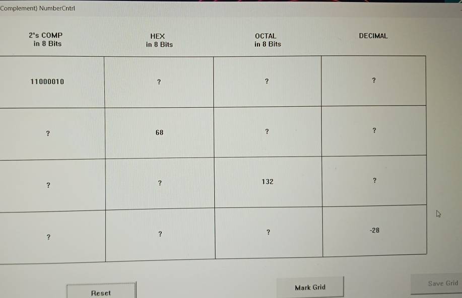 Complement) NumberCntrl
Reset Mark Grid Save Grid