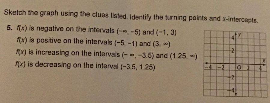 Sketch the graph using the clues listed. Identify the turning points and x-intercepts. 
5. f(x) is negative on the intervals (-∈fty ,-5) and (-1,3)
f(x) is positive on the intervals (-5,-1) and (3,∈fty )
f(x) is increasing on the intervals (-∈fty ,-3.5) and (1.25,∈fty )
f(x) is decreasing on the interval (-3.5,1.25)