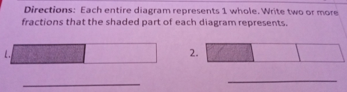 Directions: Each entire diagram represents 1 whole. Write two or more 
fractions that the shaded part of each diagram represents. 
L. □ 
2. 
^circ  
_ 
_