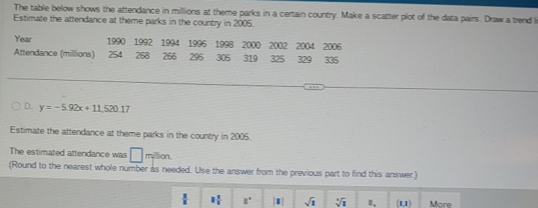 The table below shows the attendance in millions at theme parks in a certain country. Make a scatter plot of the data pairs. Draw a trend l 
Estimate the attendance at theme parks in the country in 2005.
Year 1990 1992 1994 1996 1998 2000 2002 2004 2006
Attendance (millions) 254 268 266 295 305 319 325 329 335
D. y=-5.92x+11,520.17
Estimate the attendance at theme parks in the country in 2005. 
The estimated attendance was □ m
(Round to the nearest whole number as needed. Use the answer from the previous part to find this answer.)
 □ /□   I 1/3  1^x |□ | sqrt(1) sqrt[3](1) I, (11) More