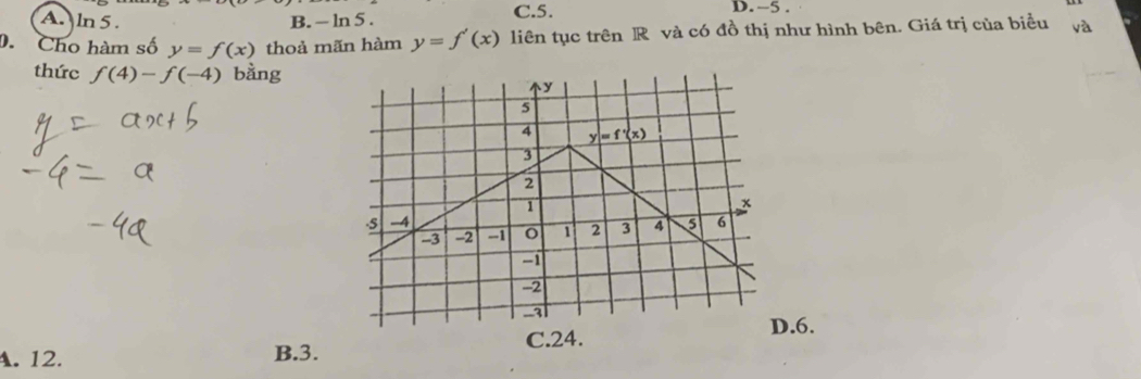 A. ln 5 . B. -ln 5. C.5.
D. ~5 .
. Cho hàm số y=f(x) thoả mãn hàm y=f'(x) liên tục trên R và có đồ thị như hình bên. Giá trị của biểu và
thức f(4)-f(-4) bằng
.6.
C.24.
A. 12.
B.3.