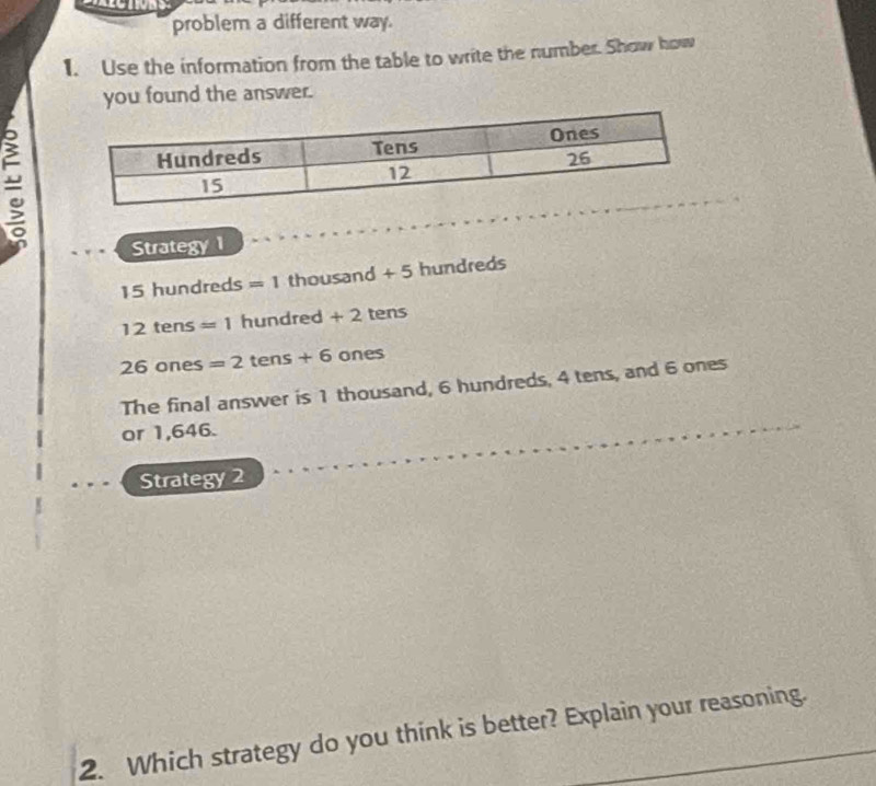 problem a different way. 
1. Use the information from the table to write the number. Show how 
you found the answer. 
Strategy 1
15 hundreds =1 thousand +5 hundreds
12tens=1 hundred +2 tens
26ones=2tens+6 ones 
The final answer is 1 thousand, 6 hundreds, 4 tens, and 6 ones 
or 1,646. 
Strategy 2 
2. Which strategy do you think is better? Explain your reasoning.