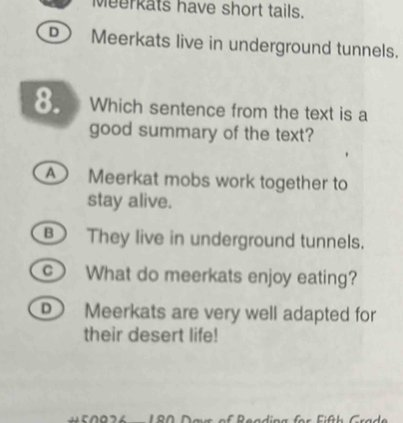 Meerkats have short tails.
D) Meerkats live in underground tunnels.
8. Which sentence from the text is a
good summary of the text?
A Meerkat mobs work together to
stay alive.
They live in underground tunnels.
c What do meerkats enjoy eating?
Meerkats are very well adapted for
their desert life!