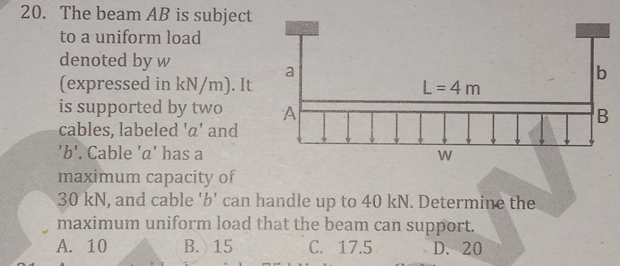 The beam AB is subject
to a uniform load
denoted by w
(expressed in kN/m). It
is supported by two 
cables, labeled 'α' and
'b'. Cable 'a' has a
maximum capacity of
30 kN, and cable 'b' can handle up to 40 kN. Determine the
maximum uniform load that the beam can support.
A. 10 B. 15 C. 17.5 D. 20