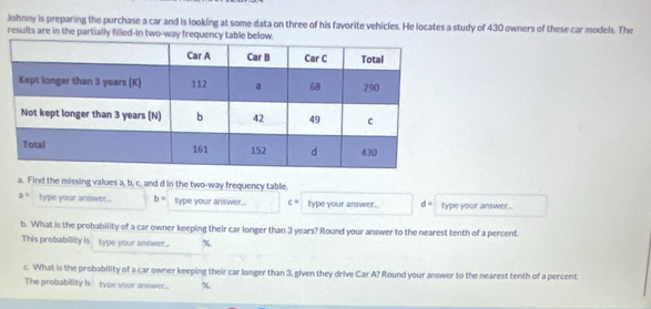 Johnny is preparing the purchase a car and is looking at some data on three of his favorite vehicles. He locates a study of 430 owners of these car models. The 
results are in the partially filled-in two-way frequency 
a. Find the missing values a, b, c. and d in the two-way frequency table.
a= type your answer... b= type your answer.. c " type your answer... d= type your answer... 
b. What is the probability of a car owner keeping their car longer than 3 years? Round your answer to the nearest tenth of a percent. 
This probability is type your answer.. %
c. What is the probability of a car owner keeping their car longer than 3, given they drive Car A? Round your answer to the nearest tenth of a percent. 
The probability is type your answer.. %