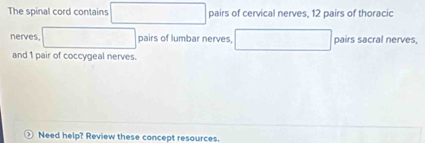 The spinal cord contains □ pairs of cervical nerves, 12 pairs of thoracic 
. 
nerves, □ pairs of lumbar nerves, □ pairs sacral nerves, 
and 1 pair of coccygeal nerves. 
) Need help? Review these concept resources.