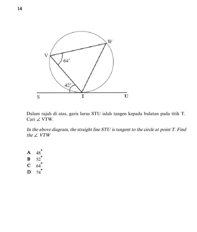 Dalam rajah di atas, garis lurus STU ialah tangen kepada bulatan pada titik T.
Cari ∠ VTW.
In the above diagram, the straight line STU is tangent to the circle at point T. Find
the ∠ VTW
A 48°
B 52°
C 64°
D 74°