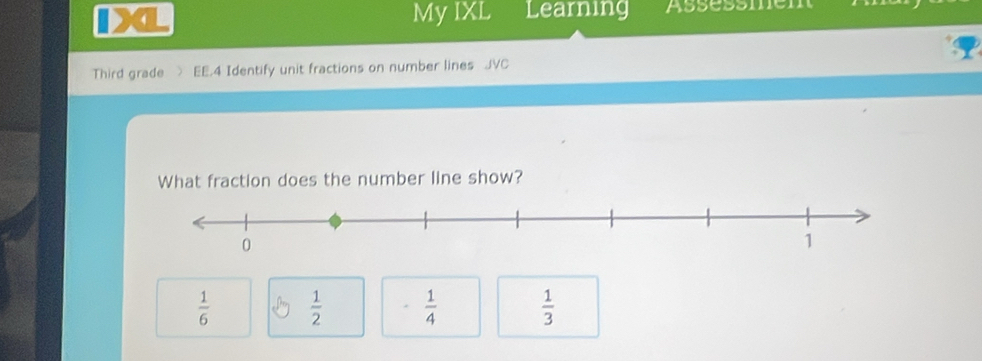 My IXL Learning
a Assessmen
Third grade > EE.4 Identify unit fractions on number lines JVC
What fraction does the number line show?
 1/6   1/2   1/4   1/3 