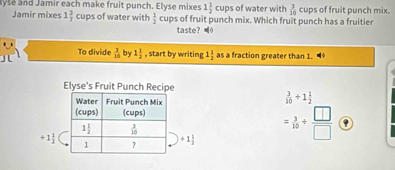 lyse and Jamir each make fruit punch. Elyse mixes 1 1/2 cups of water with  3/10  cups of fruit punch mix.
Jamir mixes 1 3/7 cu ps of water with  1/2  cups of fruit punch mix. Which fruit punch has a fruitier
taste?
To divide  3/10  by 1 1/2  , start by writing 1 1/2  as a fraction greater than 1.
Elyse's Fruit Punch Recipe
 3/10 / 1 1/2 
/ 1 1/2 
/ 1 1/2 
= 3/10 /  □ /□  