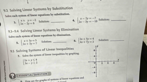 9.2 Solving Linear Systems by Substitution 
Solve each system of linear equations by substitution. 
3. beginarrayl x+y=-2 2x-2y=8endarray. Solution: _4. beginarrayl x-2y=-7 2x-3y=-10endarray. Solution:_ 
9.3-9.4 Solving Linear Systems by Elimination 
Solve each system of linear equations by elimination. 
5. beginarrayl x+3y=5 2x+3y=7endarray. Solution: _6. beginarrayl 2x+5y=4 4x+7y=2endarray. Solution:_ 
9.5 Solving Systems of Linear Inequalities 
7. Solve the system of linear inequalities by graphing.
beginarrayl 2x+y≤ 8 3x-y<2endarray.
? ESSENTIAL QUESTION 
How are the graphs of systems of linear equations and