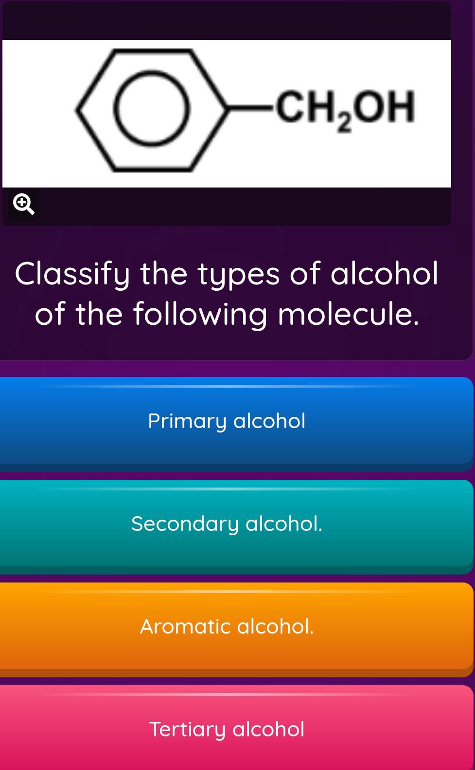 Classify the types of alcohol
of the following molecule.
Primary alcohol
Secondary alcohol.
Aromatic alcohol.
Tertiary alcohol