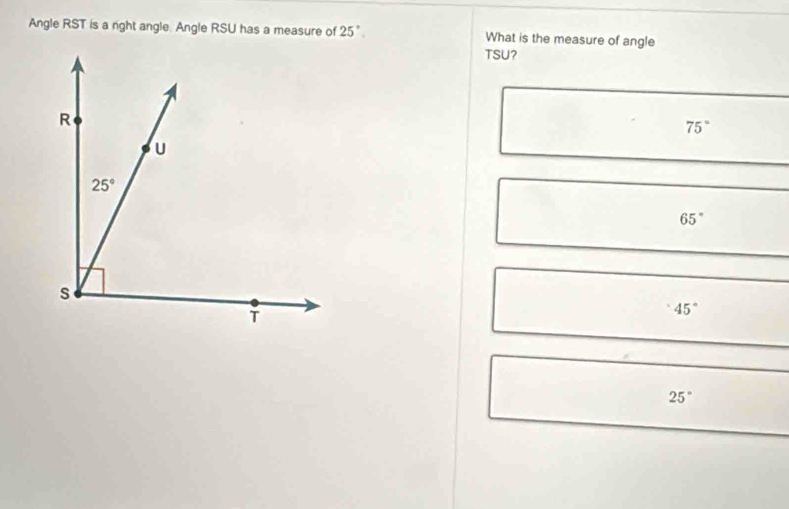 Solved: Angle RST is a right angle. Angle RSU has a measure of 25° What ...