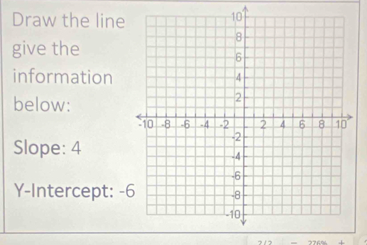 Draw the line 
give the 
information 
below: 
Slope: 4
Y-Intercept: -